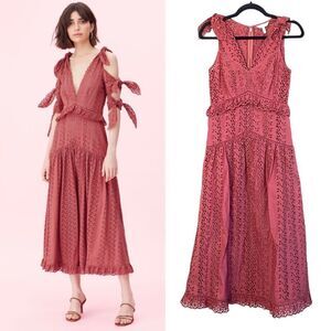 Rebecca Taylor Karina Altered Shoulder Tie Eyelet Lace Midi Dress Sz 0